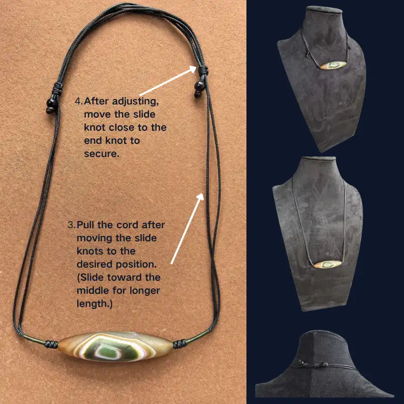 Adjustable cord knot system on Tibetan Dzi necklace, demonstrating length adjustment final look