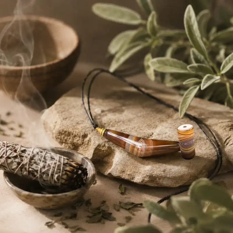 Cleansing a silk agate pendant necklace with white sage smoke
