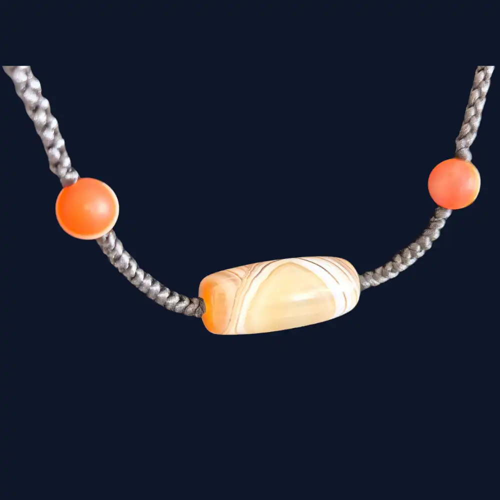 Banded Agate Barrel Necklace - Alashan Agate Accent Beads - Closeup View