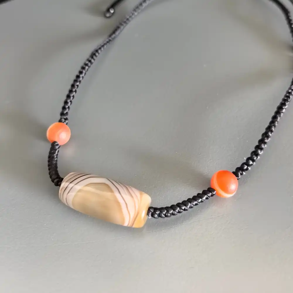 Banded Agate Barrel Necklace - Black Adjustable Cord - Alashan Agate Accent Beads