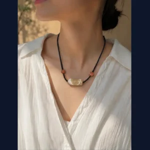 Banded Agate Barrel Necklace - Worn Styling - Natural Stone Pendant on Black Cord