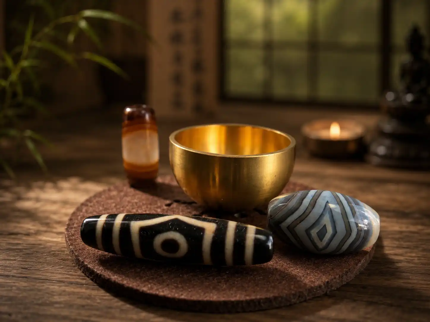Clarity and meditation jewelry with Tibetan-style Dzi bead and Silk Agate eye patterns in a quiet meditation setting