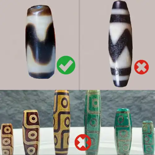 Dzi bead authenticity comparison showing traditional agate Dzi