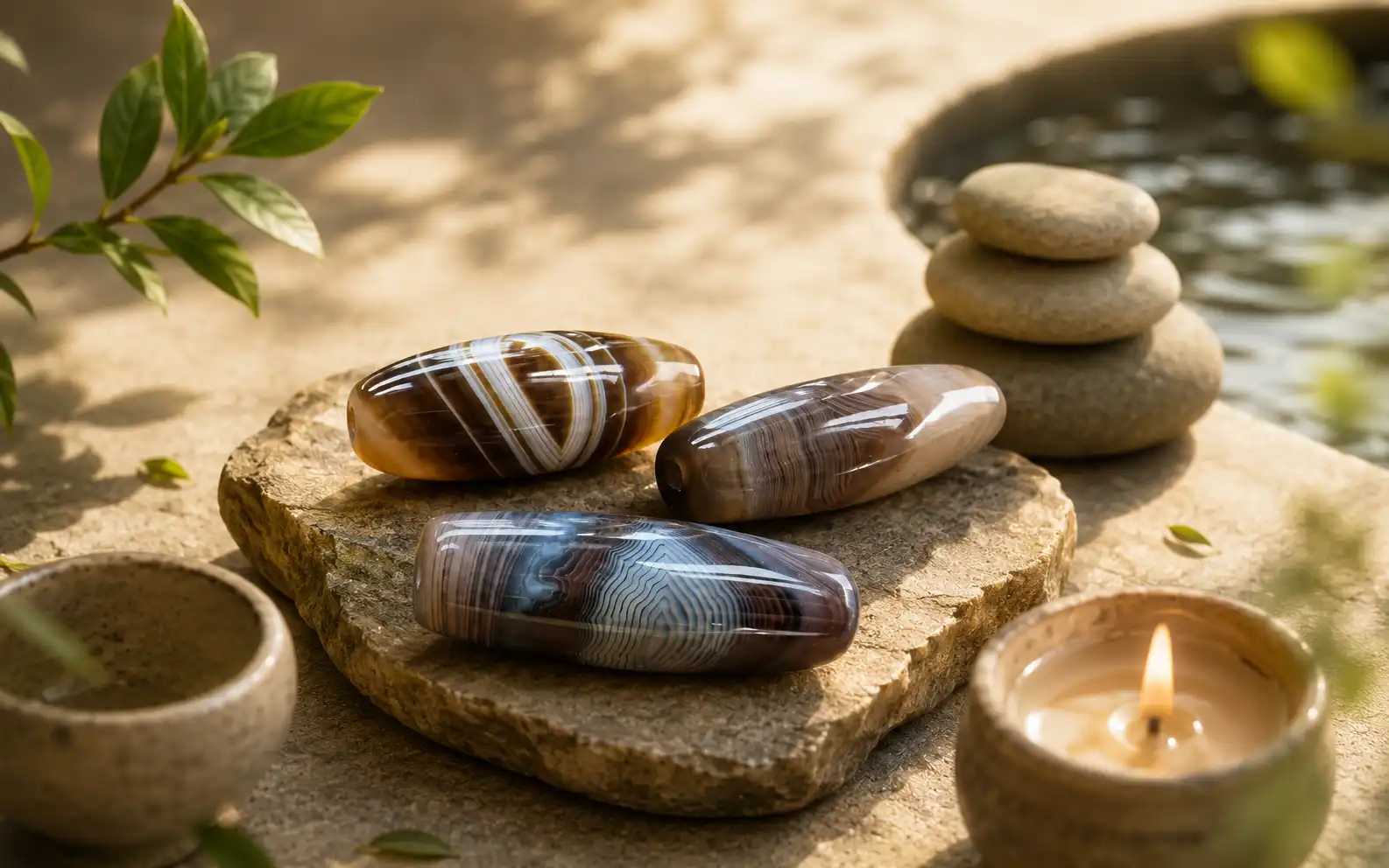 Flow and renewal jewelry with natural Silk Agate beads, flowing band patterns, water, stacked stones, and warm natural light