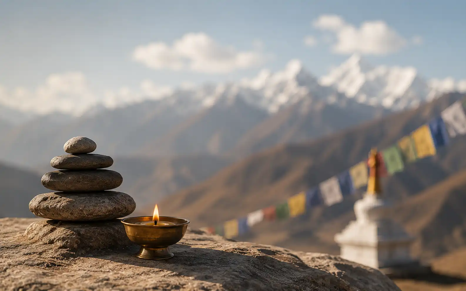 Balance and mindfulness jewelry collection inspired by serenity, stacked stones, candlelight, and Himalayan mountain symbolism