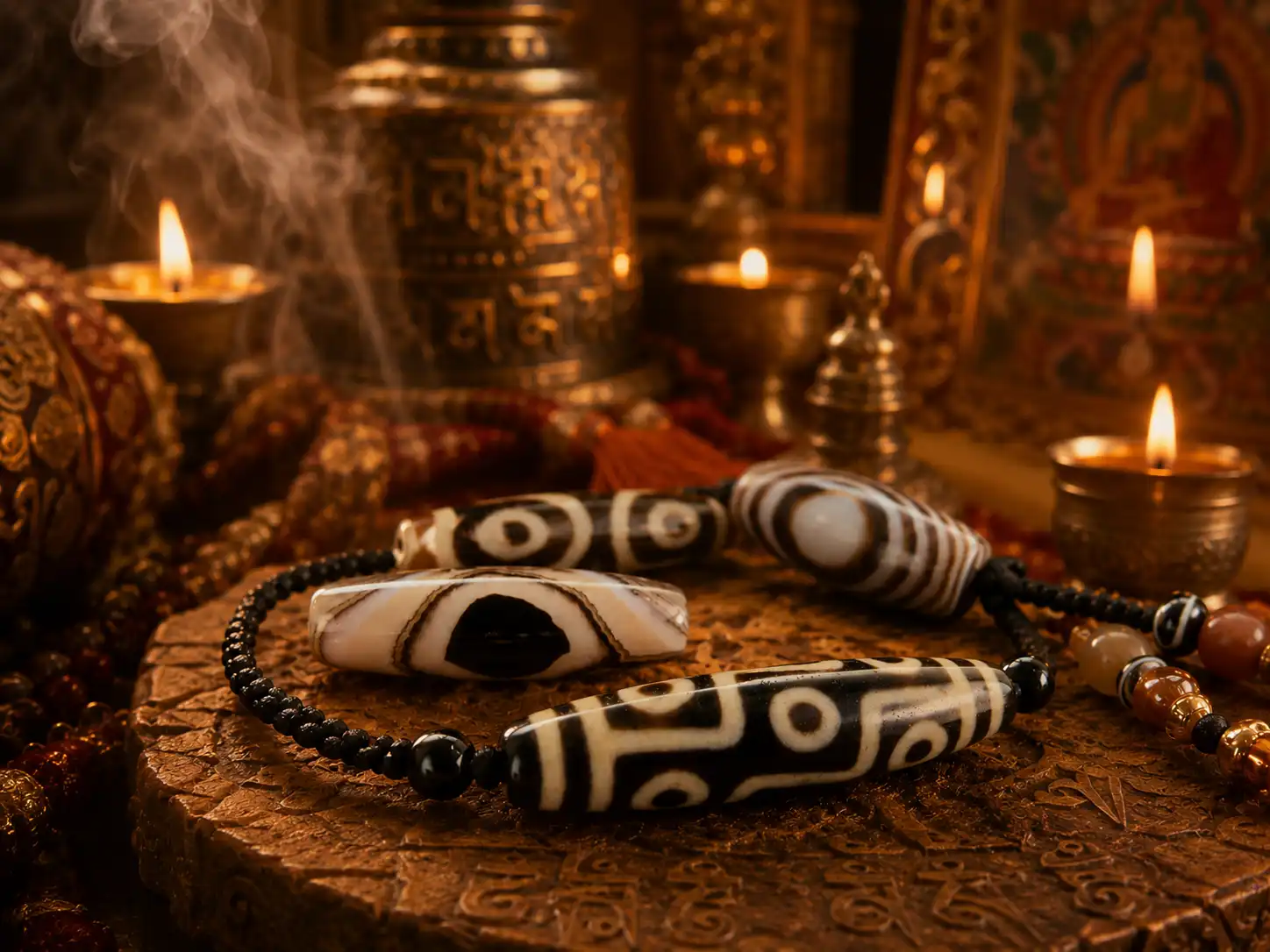 Guardian and protection Tibetan Dzi bead jewelry in a warm blessing-inspired setting with butter lamps, incense, and sacred ritual elements.