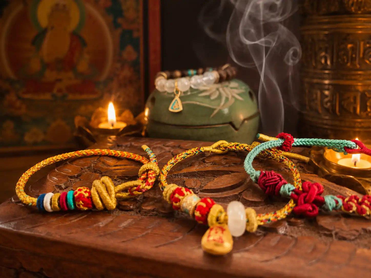 Handcrafted bracelets and symbolic cords with red blessing knots, woven details, and natural stone accents