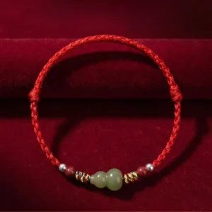 Hand-braided red string bracelet with natural Hetian jade gourd charm, Agate beads and 925silver accents