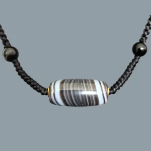 Kris Nature Phoenix Eye Silk Agate Barrel Necklace - Black Agate Beads - Gold-Plated Copper Spacers