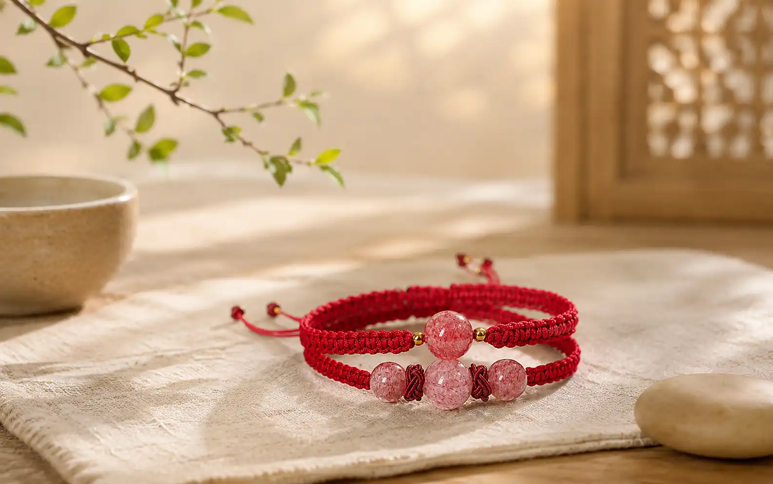 Love and connection jewelry with red cord bracelets and soft pink stone beads in a warm gift-inspired setting