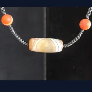 Natural Banded Agate Barrel Pendant - Layered Cream Bands - Black Braided Cord