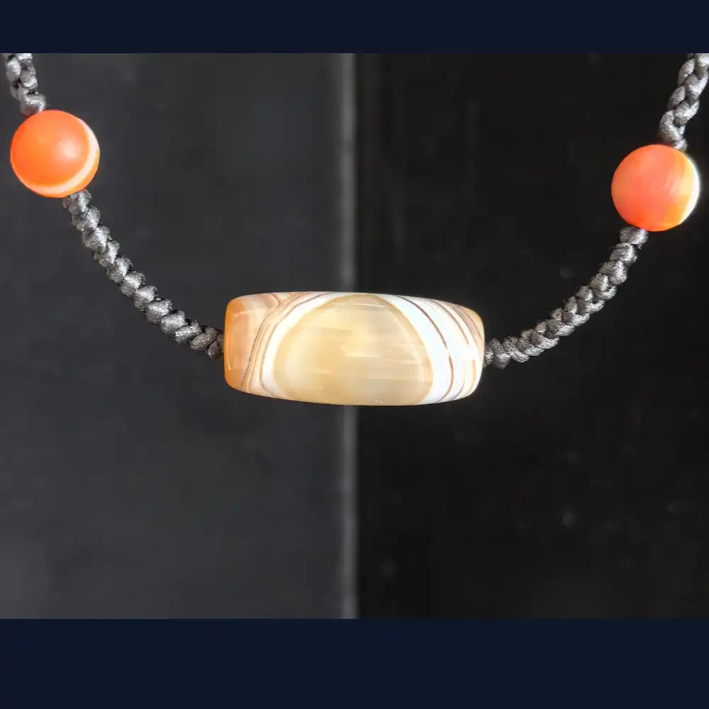 Natural Banded Agate Barrel Pendant - Layered Cream Bands - Black Braided Cord