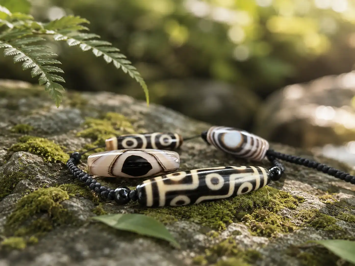 New beginnings jewelry with Tibetan-style Dzi beads and natural stone pieces on moss in fresh green light