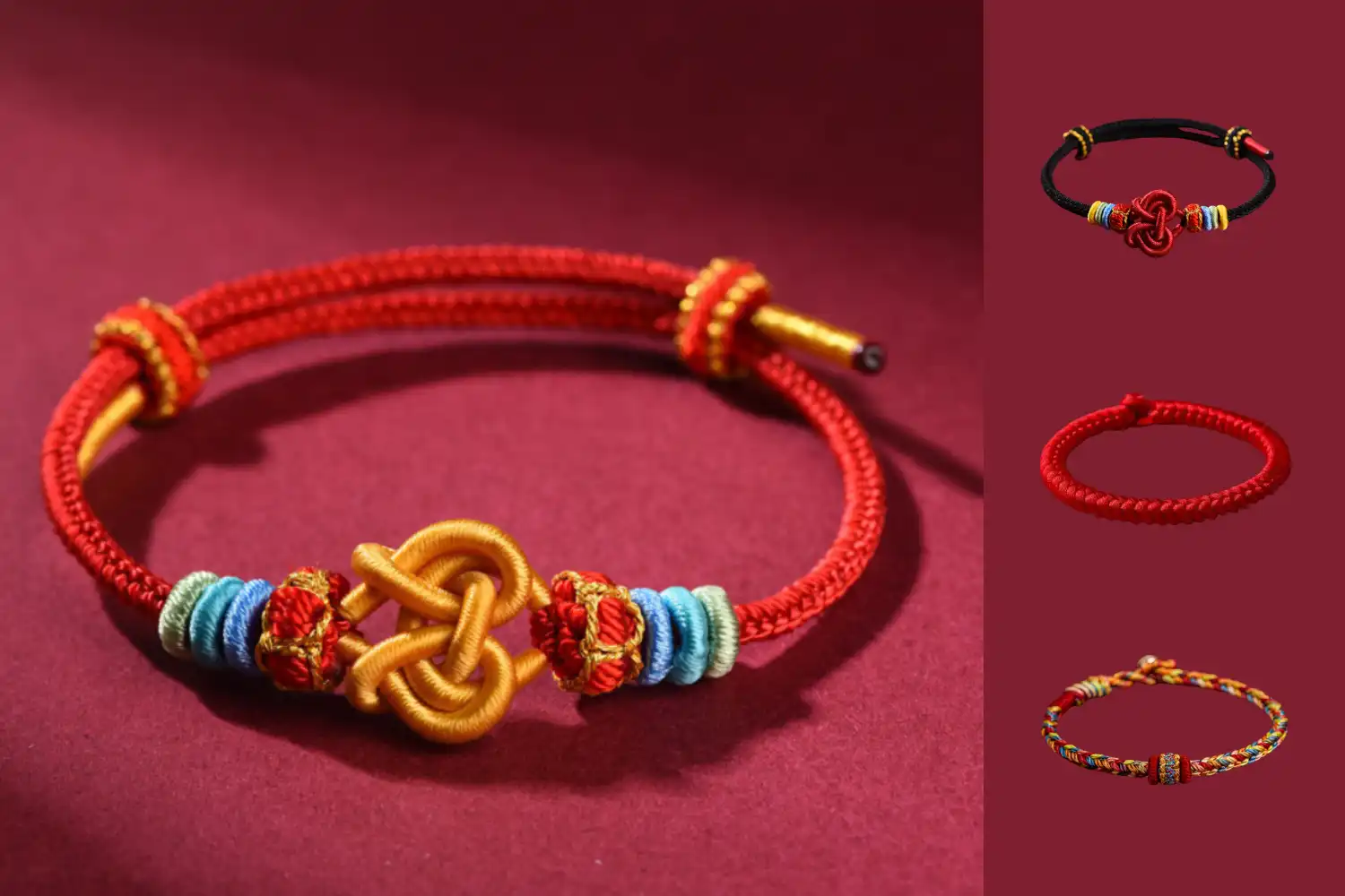 Red cord blessing bracelets with handwoven knots and symbolic daily-wear details