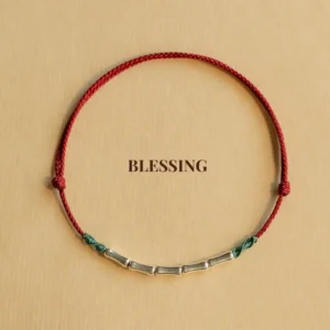 S925 Bamboo Joint Blessing Cord Bracelet - Red and Green Knot Detail - Silver Bamboo Beads