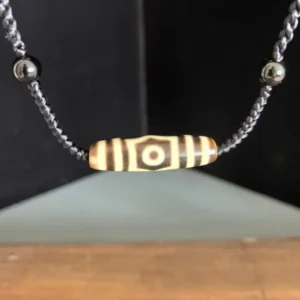 Three-Eye Dzi Bead Necklace - Tibetan-Style Agate Bead - Black Braided Cord