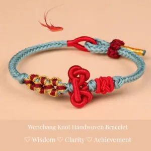 Wenchang Knot Bracelet - mist blue red and gold cord with wisdom clarity achievement meaning