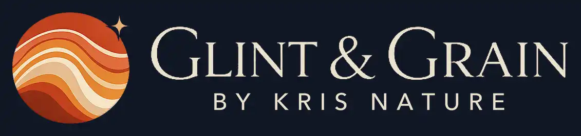 Glint & Grain by Kris Nature logo — banded agate sphere with wordmark