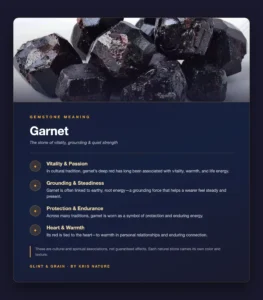 Garnet meaning infographic card — cultural symbolism of garnet gemstone: vitality, grounding, protection, heart | Glint & Grain