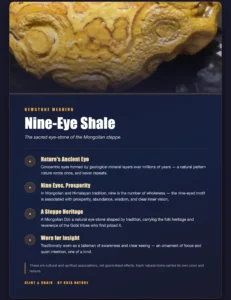 Nine-eye shale meaning card — cultural symbolism of the Mongolian eye-stone: prosperity, wisdom, and heritage | Glint & Grain