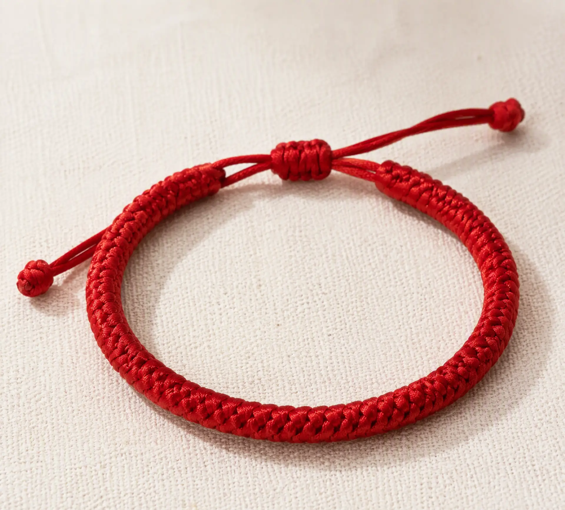 Handmade Tibetan Vajra knot red string bracelet with adjustable sliding knot on white linen background.