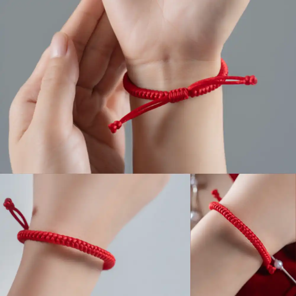 Red string bracelet on wrist size guide, showing how to adjust and wear the Tibetan Vajra knot lucky charm.