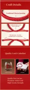 Infographic showing the traditional Tibetan Vajra knot craft details and colorfast quality test, featuring the red string bracelet soaking in water for 6 hours and wiping with white paper.