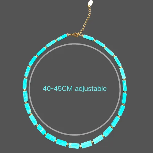 Magnesite turquoise necklace shown in a circle with its adjustable 40-45cm length marked on the image.