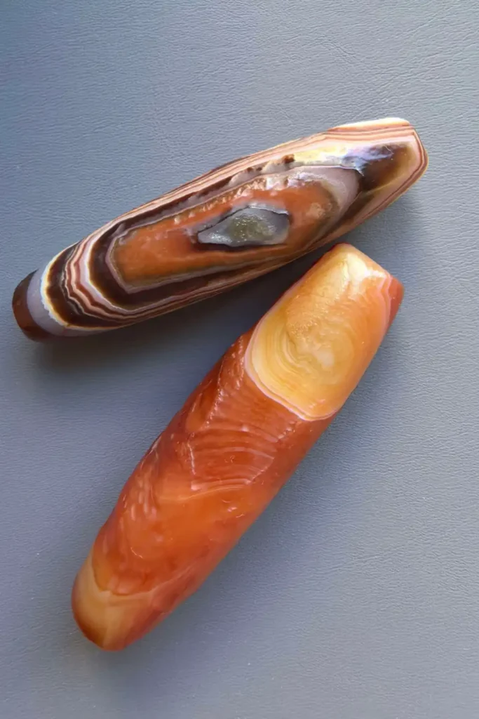 Natural Mongolian beads, Alxa agate barrels with banded eye patterns | Glint & Grain