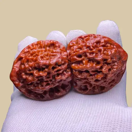 A matched pair of wenwan walnuts held side by side in a gloved hand, deep reddish-brown shells with intricate ridge patterns | Glint & Grain